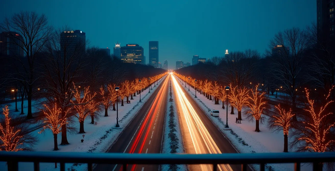 Wide architectural view of illuminated Parisian boulevard from elevated bus perspective with vast negative space