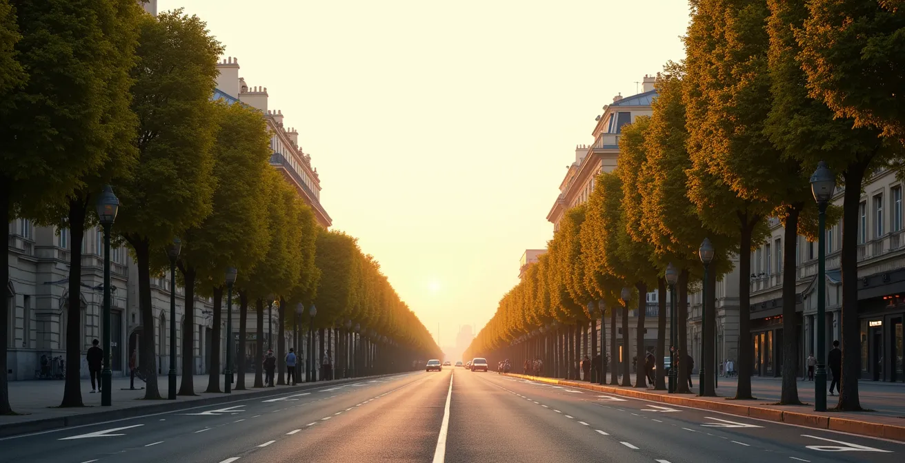 Wide Parisian boulevard at golden hour showing the geometric urban planning