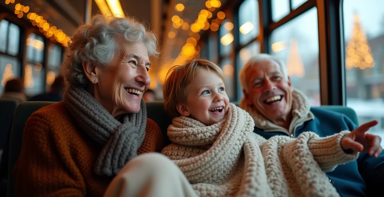 Multi-generational family sharing warm moment on bus upper deck with Christmas lights reflection