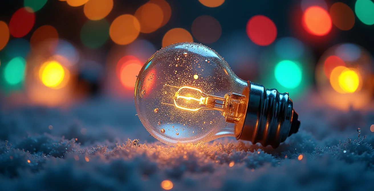 Extreme close-up of Christmas light creating prismatic effects on cold air particles