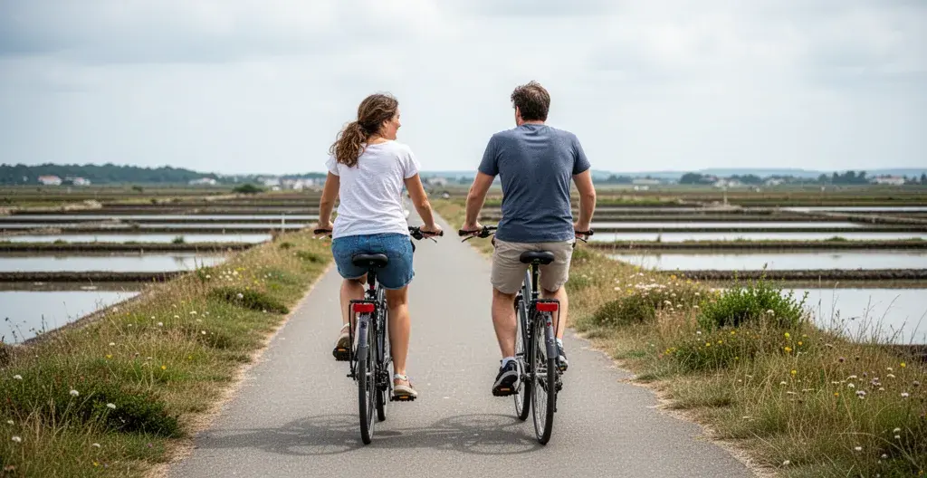 Couple à vélo sur piste cyclable longeant les marais salants rétais