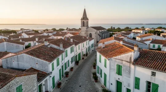 Vue aérienne village côtier Île de Ré avec maisons blanches aux volets colorés