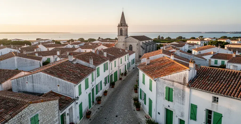 Vue aérienne village côtier Île de Ré avec maisons blanches aux volets colorés