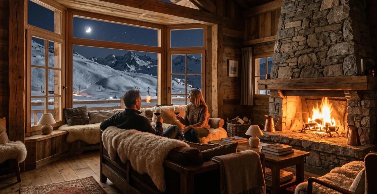 Cosy Savoyard-style living room with a lit fireplace and panoramic mountain view through large bay windows