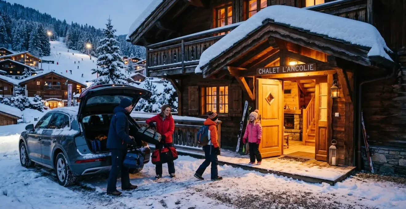 A family unloading luggage at the entrance of a snow-dusted chalet in Courchevel at dusk
