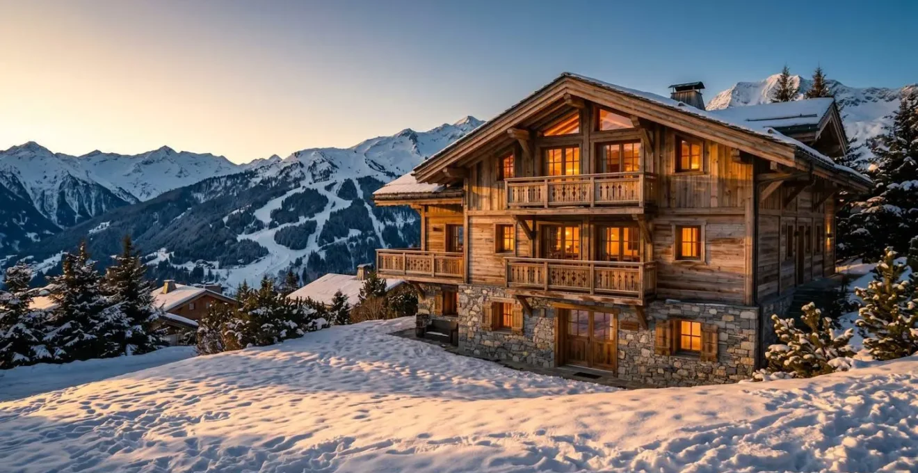 Luxury alpine chalet exterior in Courchevel at golden hour with snow-covered mountains, warm interior lighting visible through windows, French Alps setting