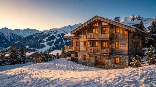 Luxury alpine chalet exterior in Courchevel at golden hour with snow-covered mountains, warm interior lighting visible through windows, French Alps setting