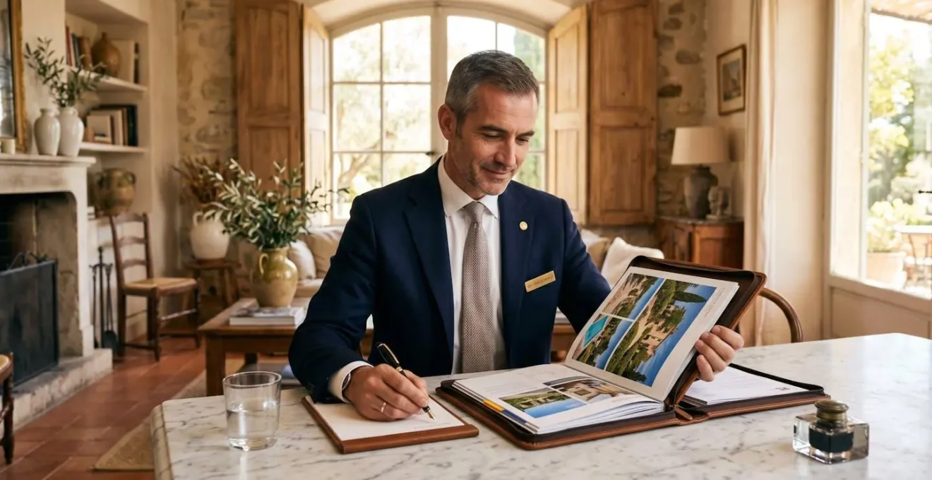 Concierge professional reviewing villa portfolio documents at a private meeting in Saint-Tropez
