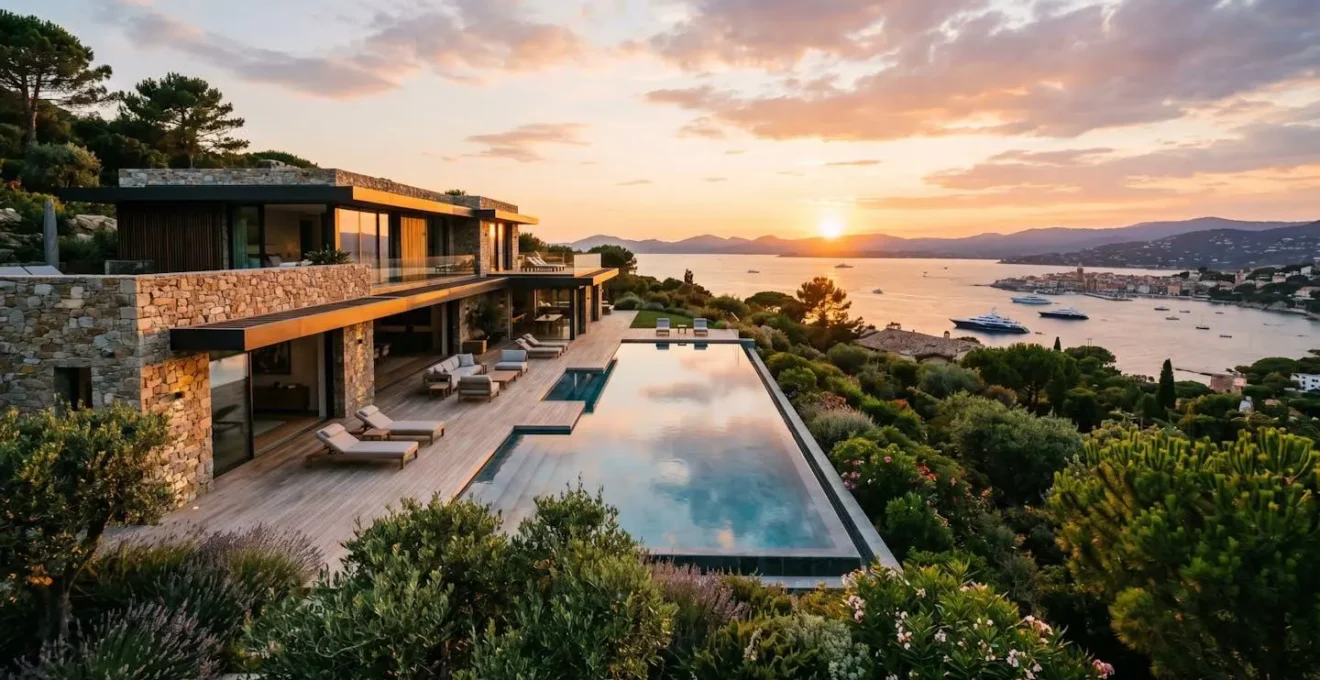 Private luxury villa perched on the Saint-Tropez coastline at golden hour, surrounded by Mediterranean pines