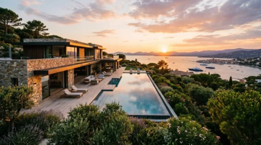 Private luxury villa perched on the Saint-Tropez coastline at golden hour, surrounded by Mediterranean pines