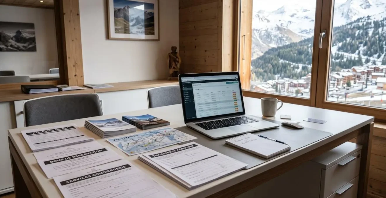 Professional concierge coordination desk with ski pass documents and booking system laptop in contemporary alpine office setting with mountain view