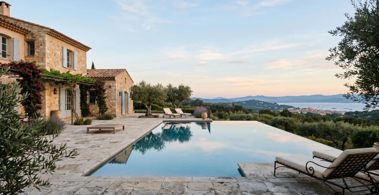 Secluded private villa pool terrace in Saint-Tropez at early morning with no guests, overlooking the bay