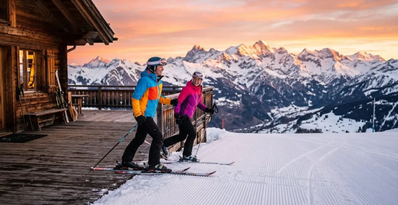 Two skiers stepping onto a groomed piste directly from the terrace of a mountain chalet at sunrise