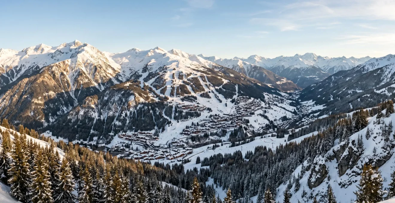 Wide panoramic view of Courchevel valley showing multiple altitude zones and varied property developments across alpine ski area landscape