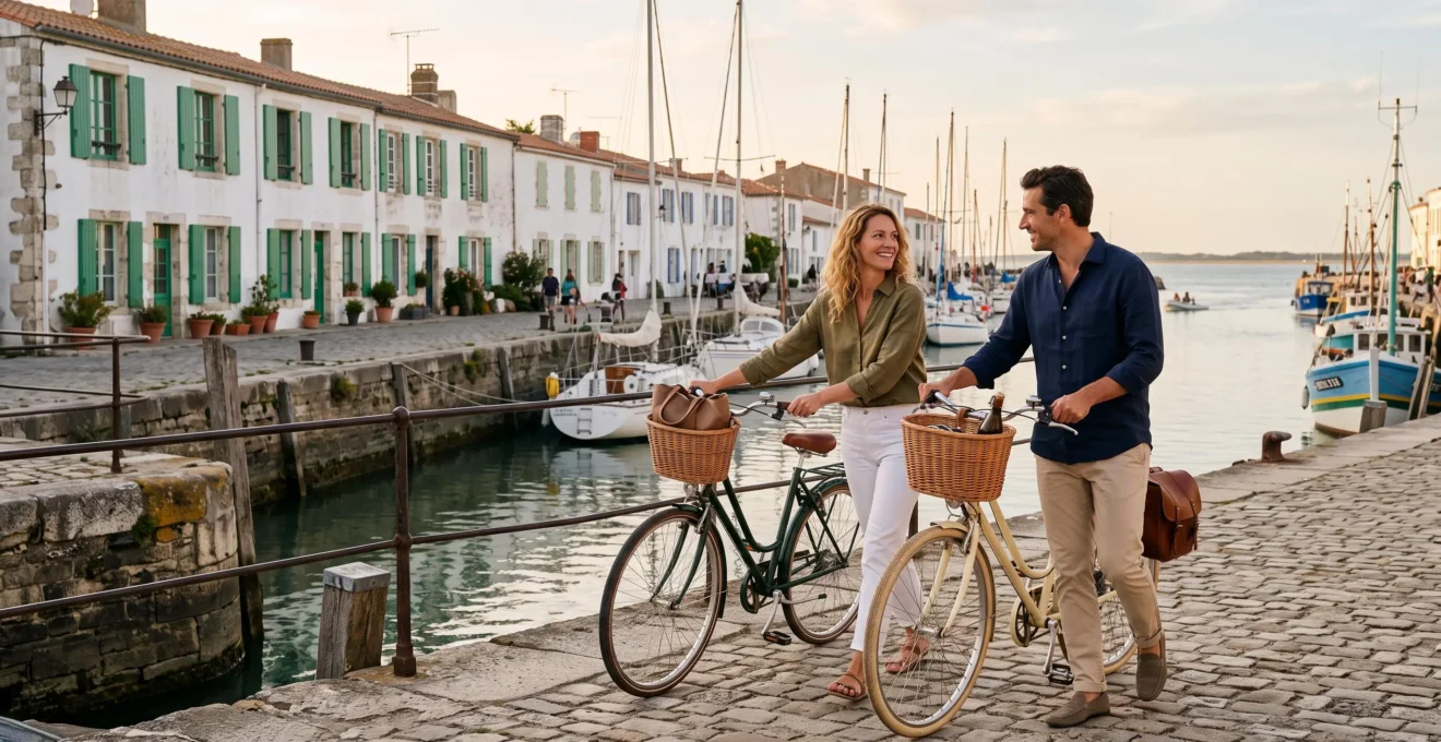 A couple walking with bicycles along the harbour of Île de Ré at golden hour.