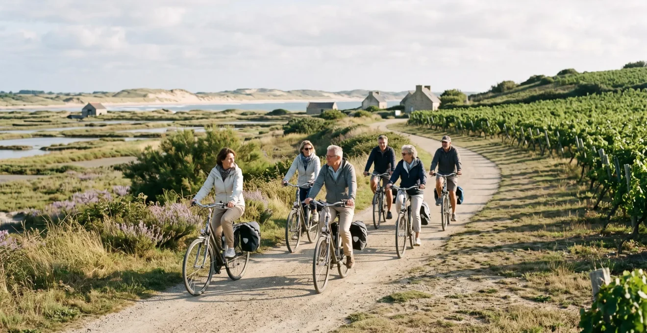 Visitors cycling along a coastal path between vineyards and salt marshes on Île de Ré.