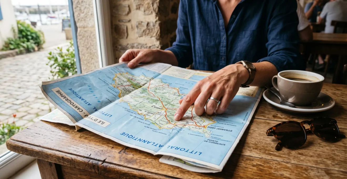 Hands studying a paper map over a café table while planning a trip in France.